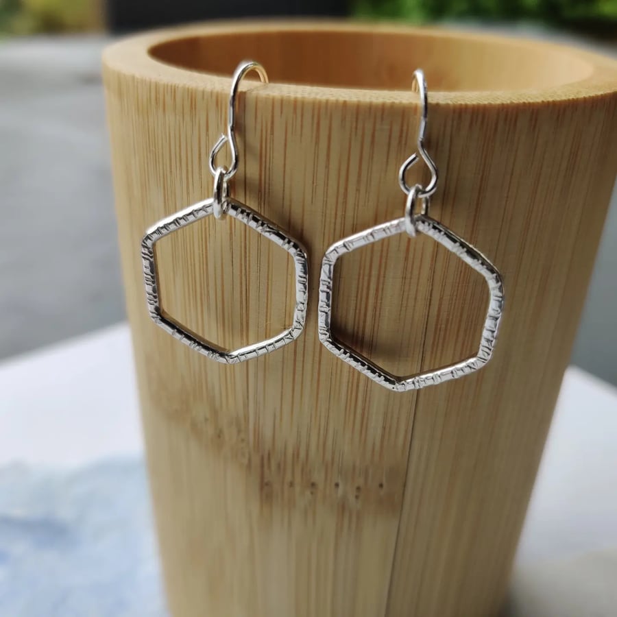 Hexagon shaped silver earrings