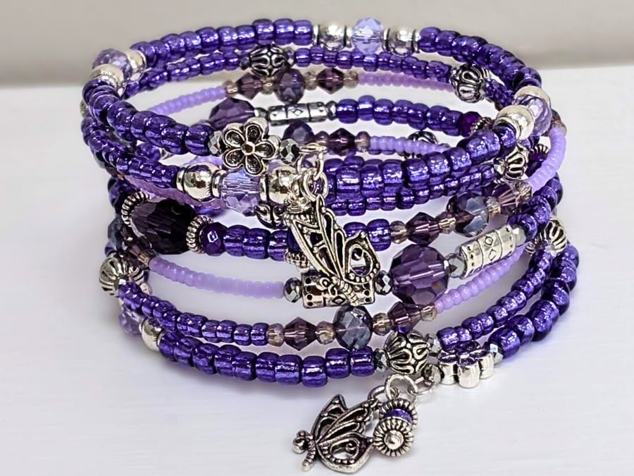 Lilac Seed Bead and Glass Crystal Beaded Bracelet, Memory Wire Stacked Cuff, 