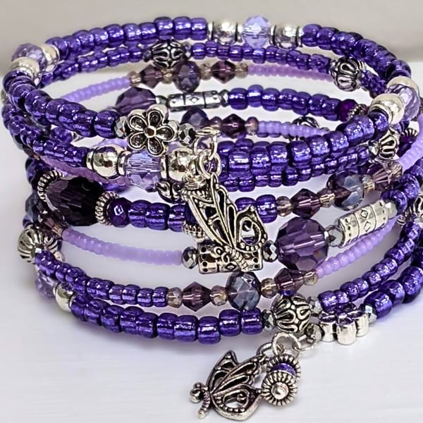 Lilac Seed Bead and Glass Crystal Beaded Bracelet, Memory Wire Stacked Cuff, 