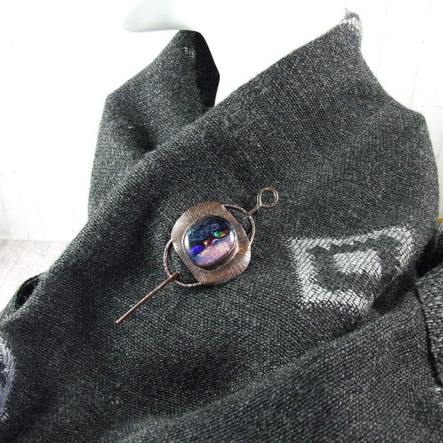 Shawl Pin Brooch. Copper with Blue and Pink Dichroic Glass Cabachon