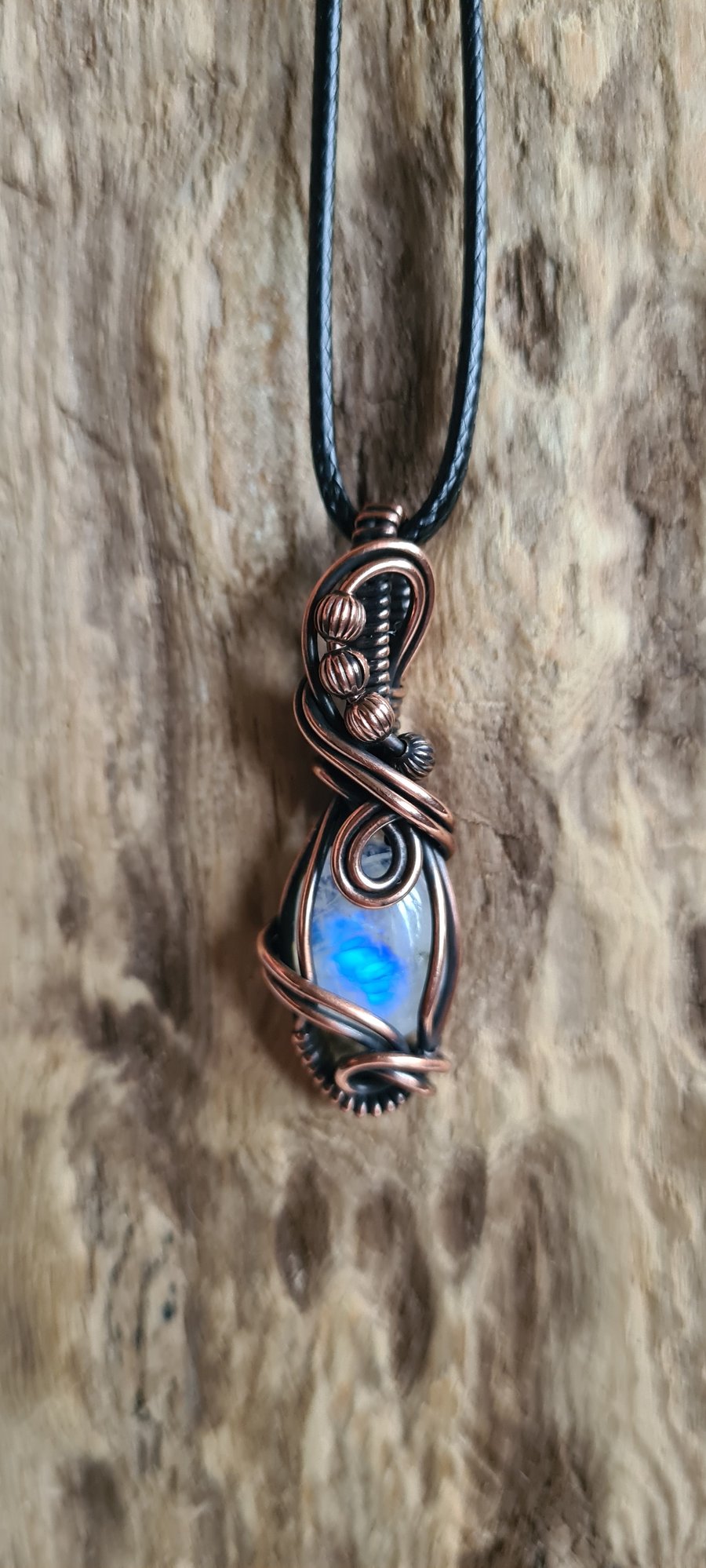 Handmade Natural Rainbow Moonstone & Copper Necklace Pendant Gift Boxed Crystal