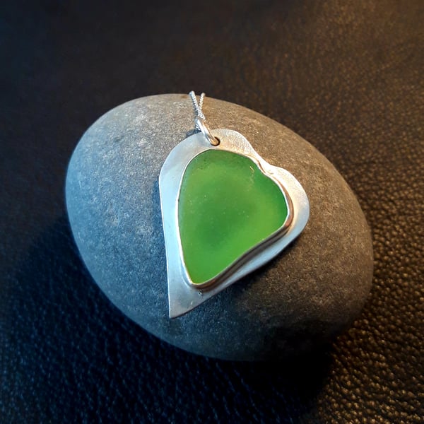 Green Seaglass Heart Pendant - Large 