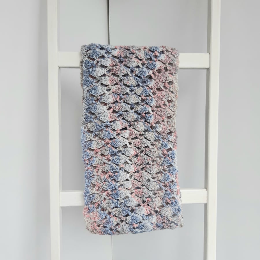 Handmade pink and light denim adult scarf