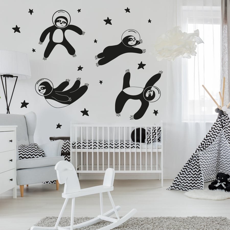 Space Sloths Wall Sticker Pack Astronaut Sloth, Stars, Space Themed Wall Sticker