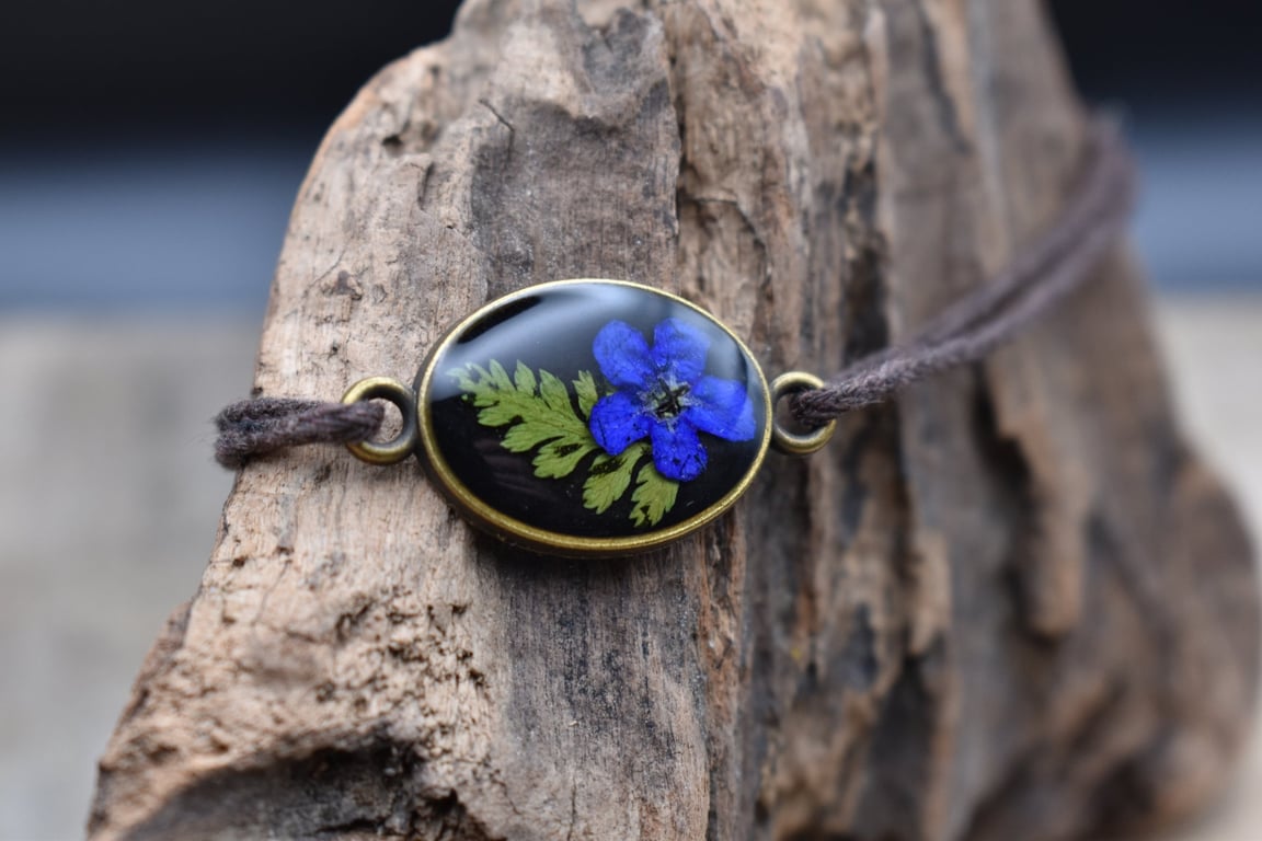 Adjustable Resin Bracelet with Real Pressed Flower and Leaf, Waxed Cotton Cord