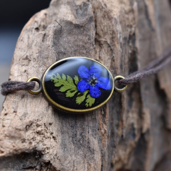 Adjustable Resin Bracelet with Real Pressed Flower and Leaf, Waxed Cotton Cord