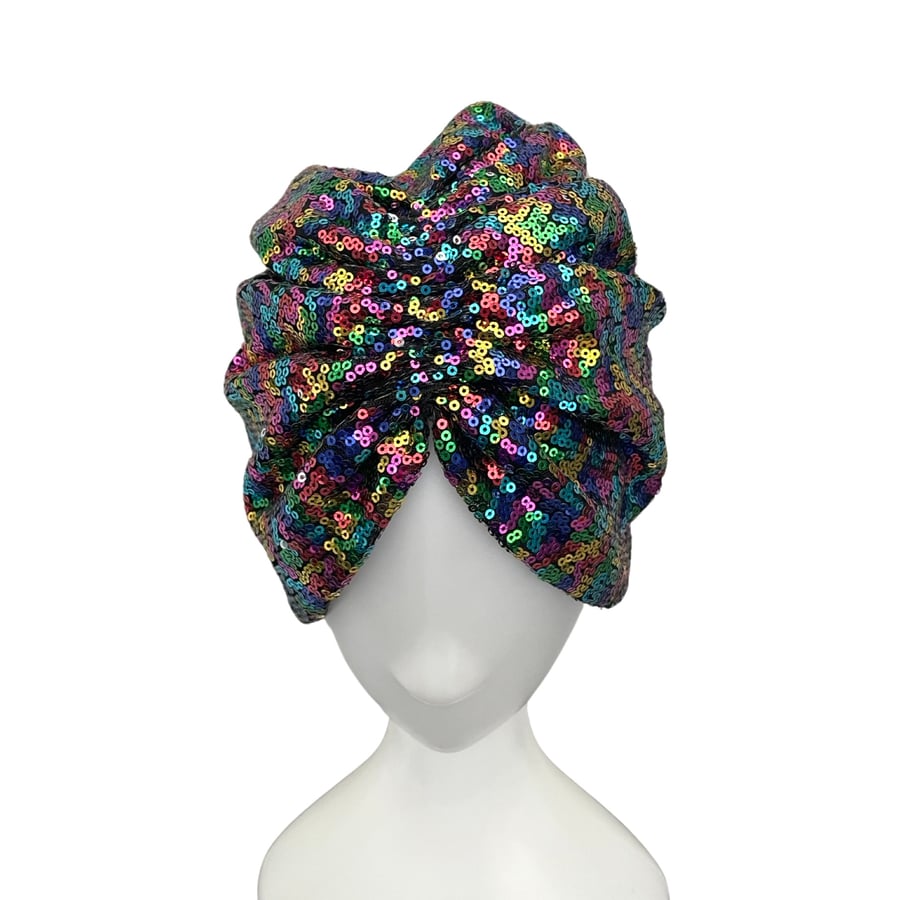 Festive Lined Rainbow Sequin Turban Hat Head Wrap, Party Headwear for Women