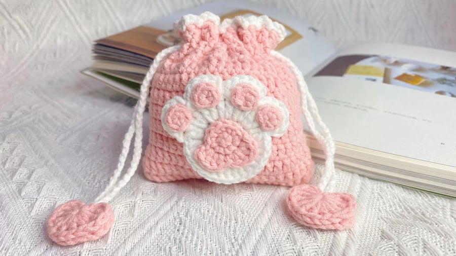 Crochet  Cat Paw Drawstring Bag