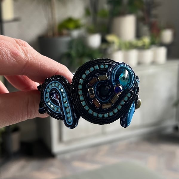 Handmade Soutache Bracelet - Statement Jewelry in Blue, Turquoise and Black
