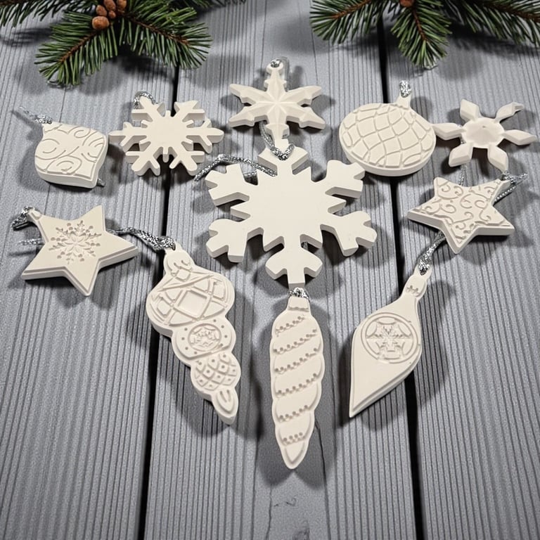 Small Handmade white Christmas decorations set of 11 in mixed festive shapes 
