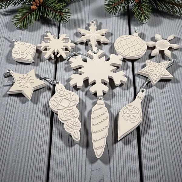 Small Handmade white Christmas decorations set of 11 in mixed festive shapes 