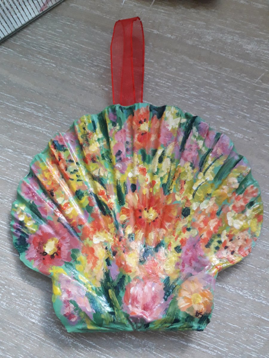 'Bright abstract flowers' Handpainted king scallop shell, wall art.  