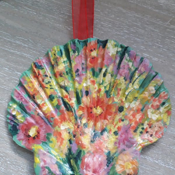 'Bright abstract flowers' Handpainted king scallop shell, wall art.  