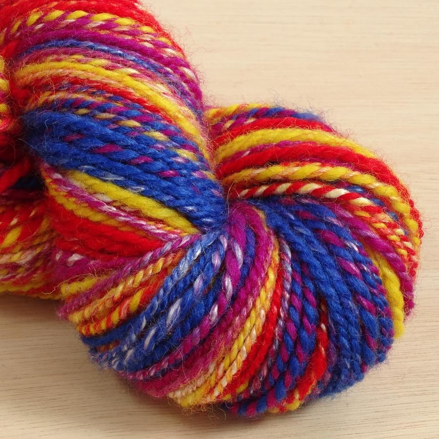 Circus - hand spun and dyed Kent Romney and Rose yarn, 120g, 155m, Worsted 2 ply