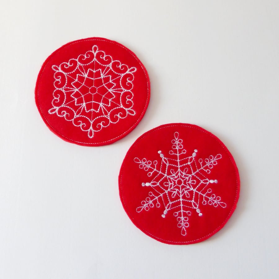 SALE: Snowflake Embroidered coasters. Set of 2