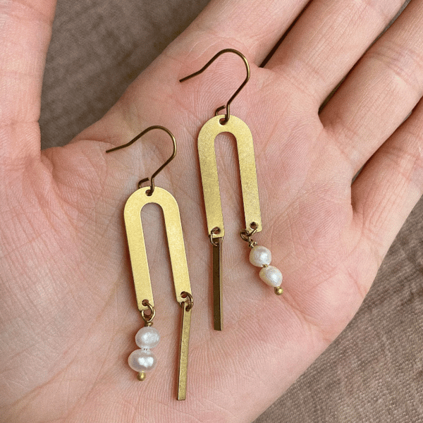 Brass and freshwater pearl earrings, statement jewellery, wedding jewellery