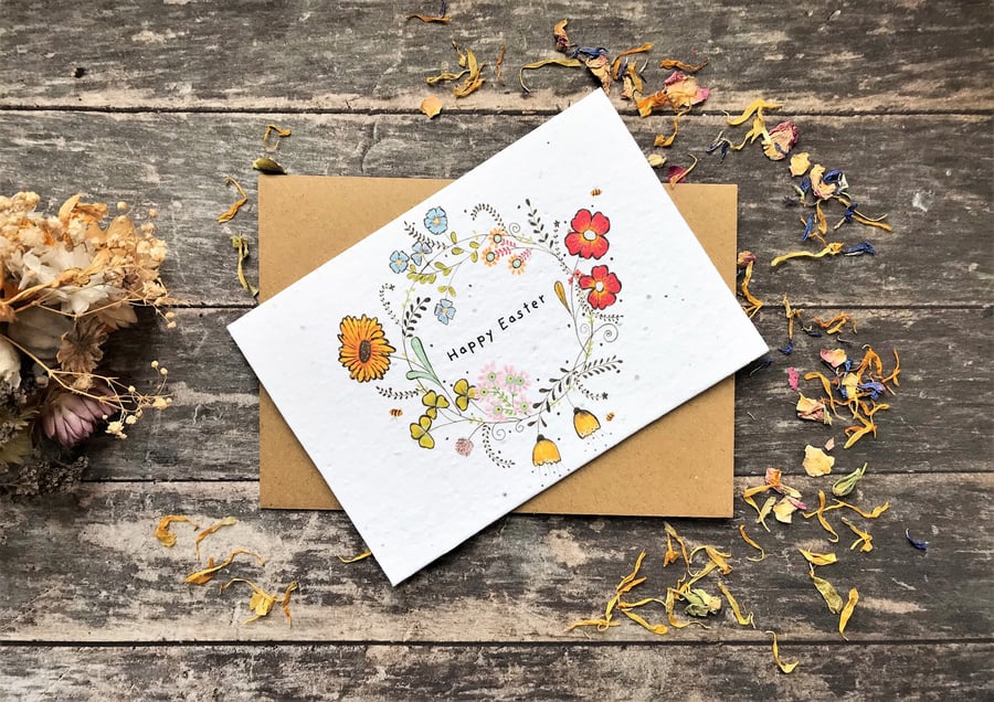 Plantable Seed Paper Easter Card, Blank Inside, Easter wreath greeting card