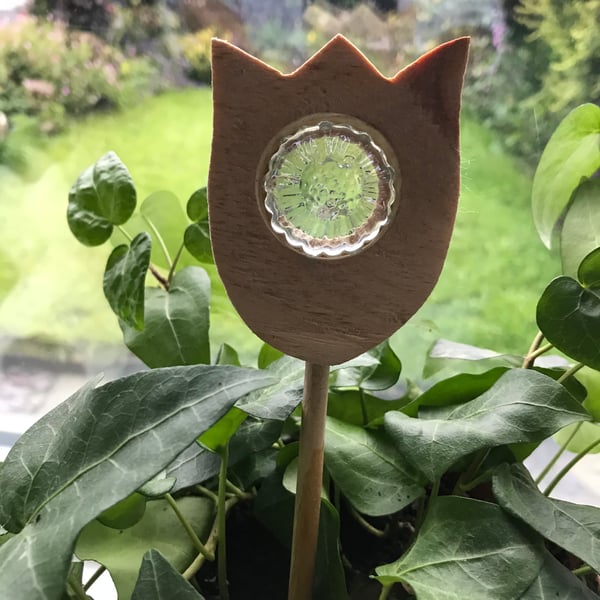 Hand cut Wooden Tulip with a clear glass sunflower pebble and wooden stick stem