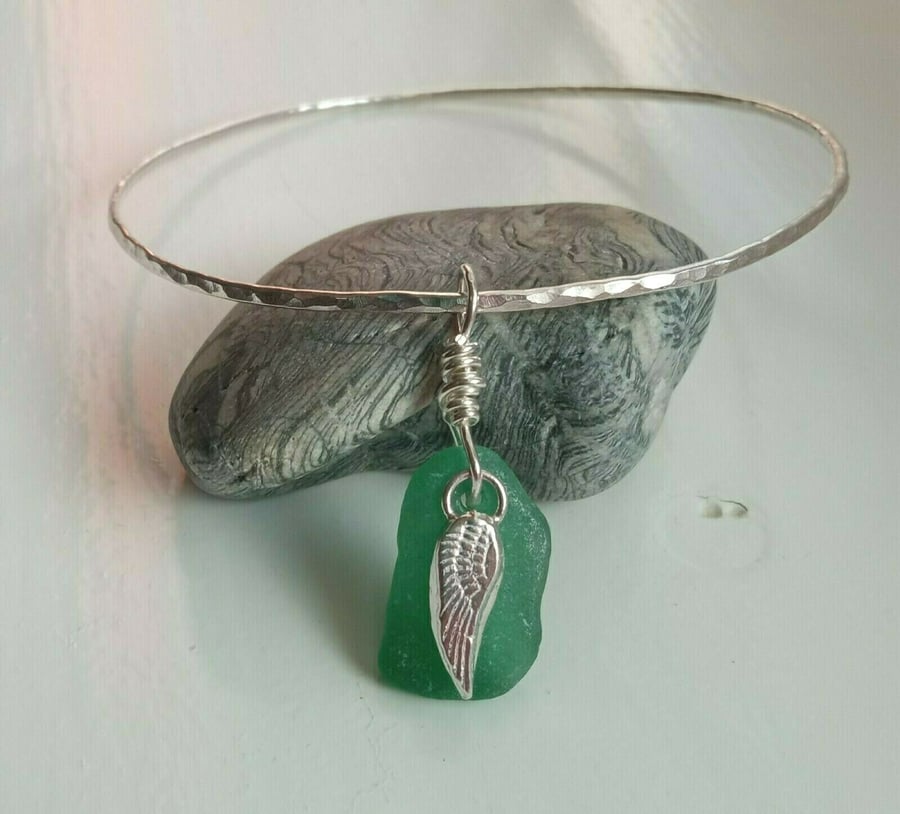 Recycled Silver Handmade Bangle with Silver Angel Wing & Green Seaglass Charms