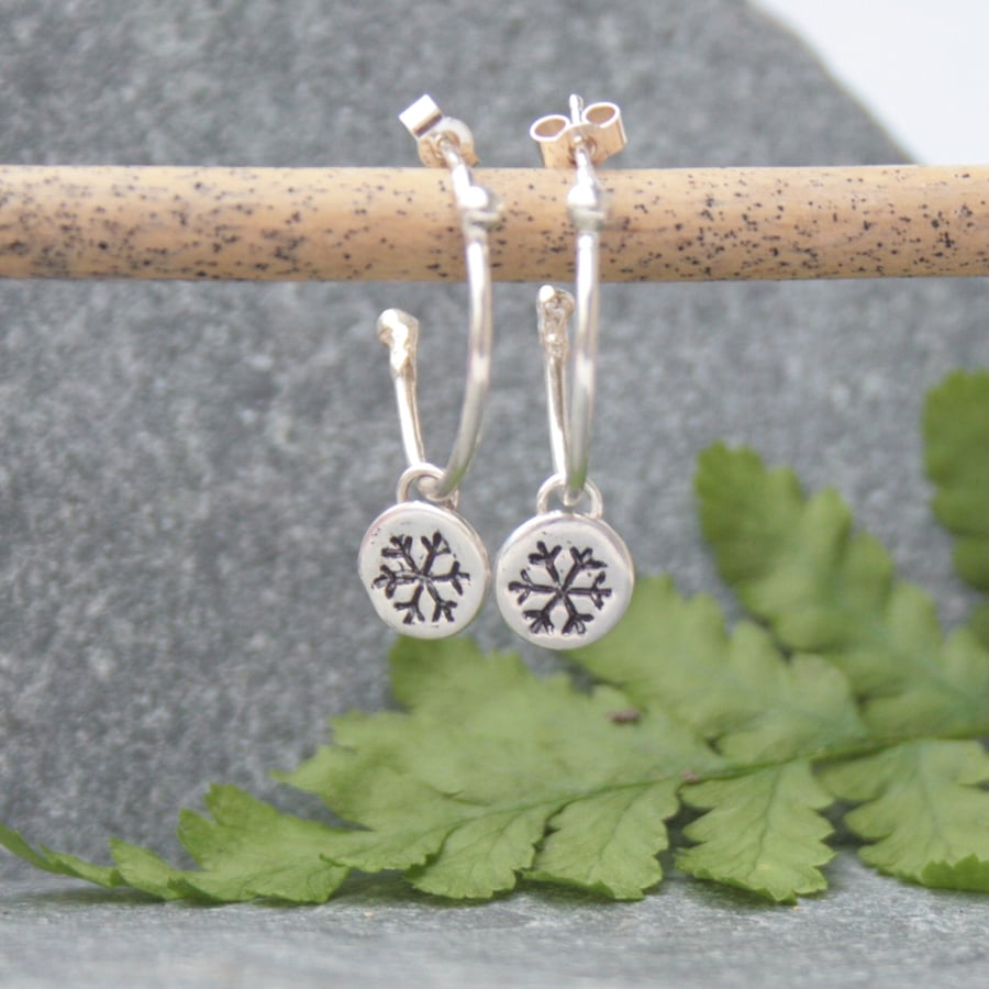 Snowflake earrings, Christmas jewellery, silver hoop charm earrings 
