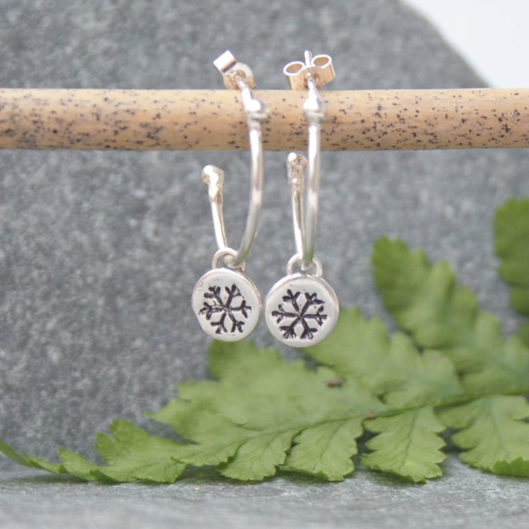 Snowflake earrings, Christmas jewellery, silver hoop charm earrings 
