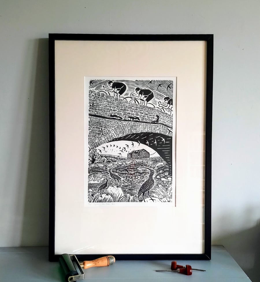 Hand printed lino print,  cyclists, birds, countryside, limited edition 