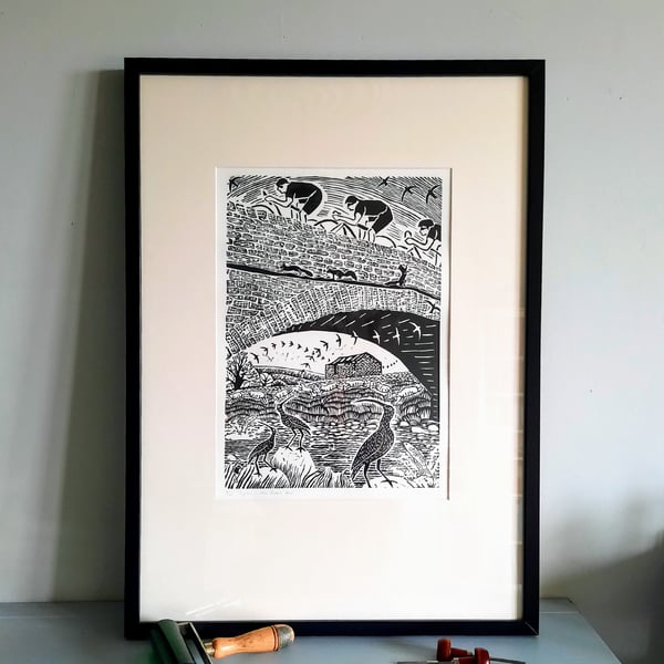 Hand printed lino print,  cyclists, birds, countryside, limited edition 