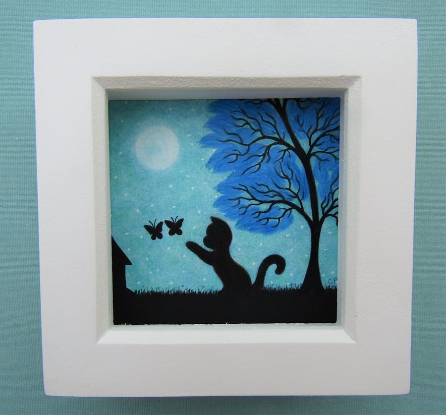 Cat Picture, Framed Black Cat Butterfly Art Print, Daughter Gift, Moon Tree 