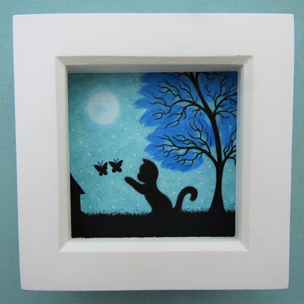 Cat Picture, Framed Black Cat Butterfly Art Print, Daughter Gift, Moon Tree 