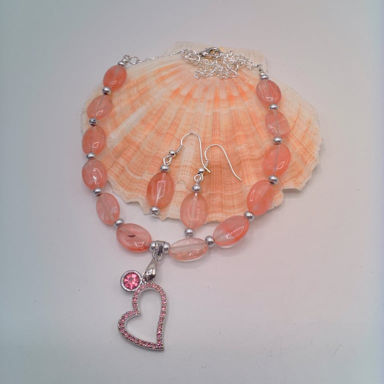 Pink Heart and Crystal Charm Necklace with Matching Earrings, Gift for Her