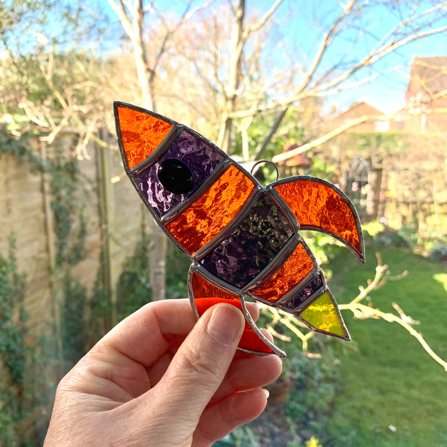 Stained Glass Small Rocket Suncatcher - Hanging Decoration  - Purple Orange 