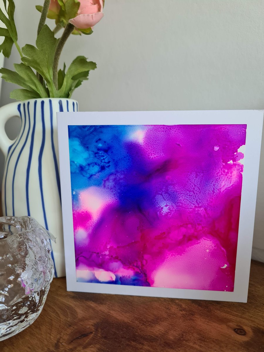 Original alcohol ink abstract art pink purple greetings card handpainted card