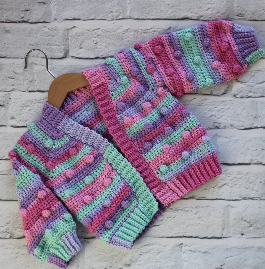 Bobble Cardigan for Baby 6-12 Months - Purples Pinks and Greens - Spring Colours