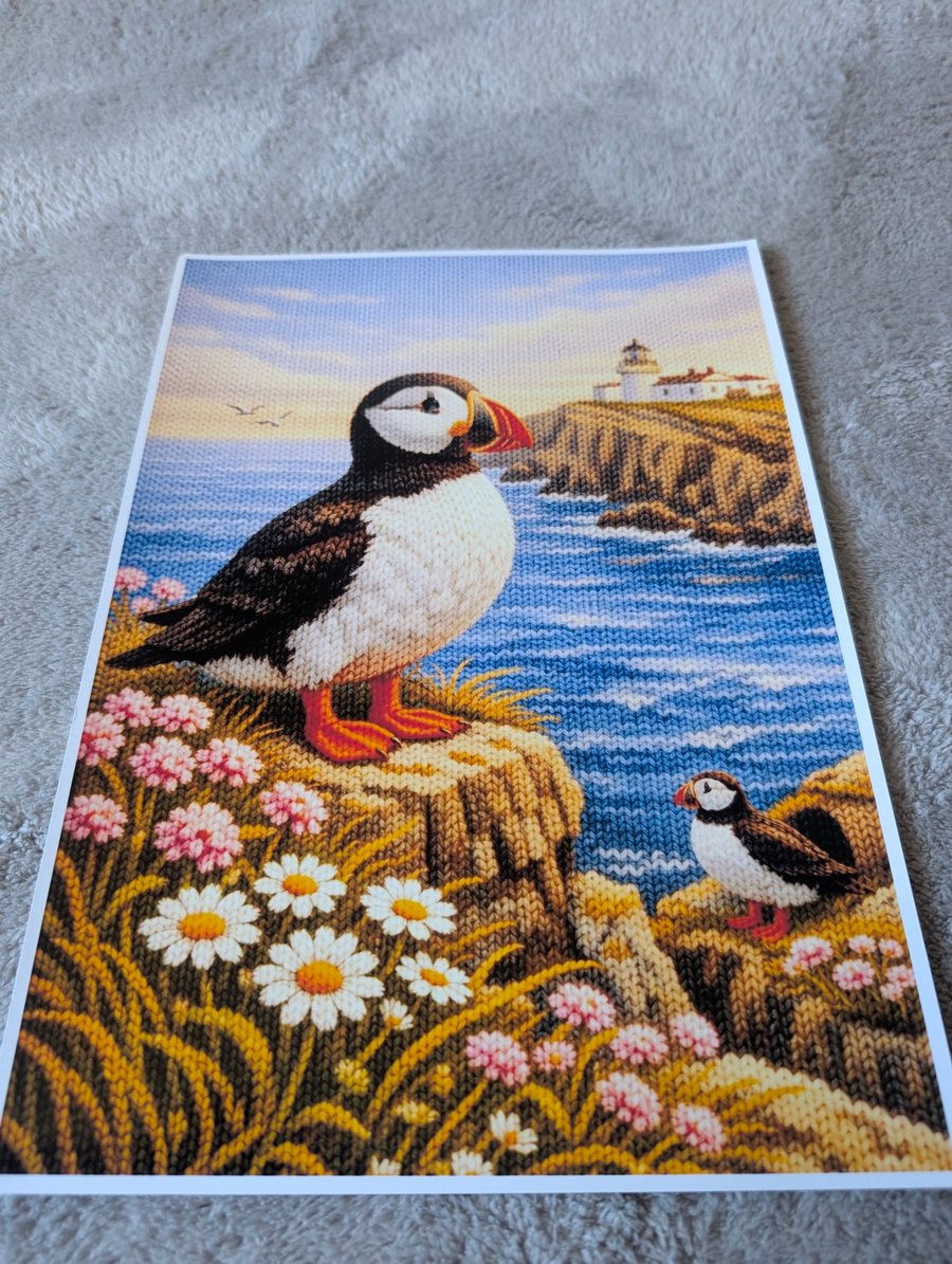 Puffin Coastal Scene A4 Photo Print knitted design 