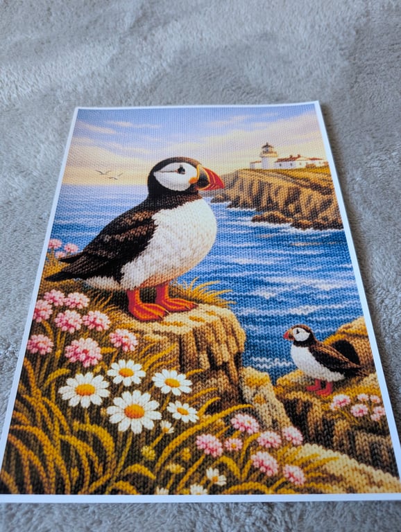 Puffin Coastal Scene A4 Photo Print knitted design 