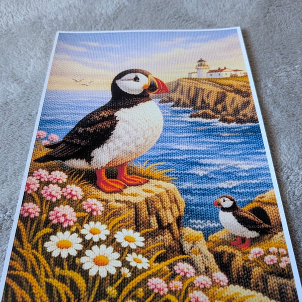 Puffin Coastal Scene A4 Photo Print knitted design 