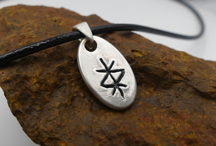 Recycled Sterling Silver Protection Bindrune Pendant Waxed Cotton Cord Necklace.