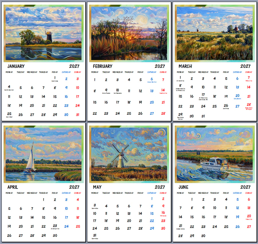 2027 Calendar Norfolk Broads Art A4 Page Per Month 
