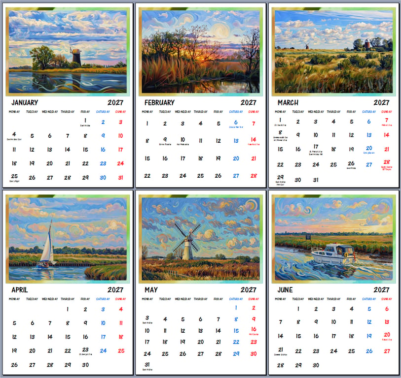 2027 Calendar Norfolk Broads Art A4 Page Per Month 