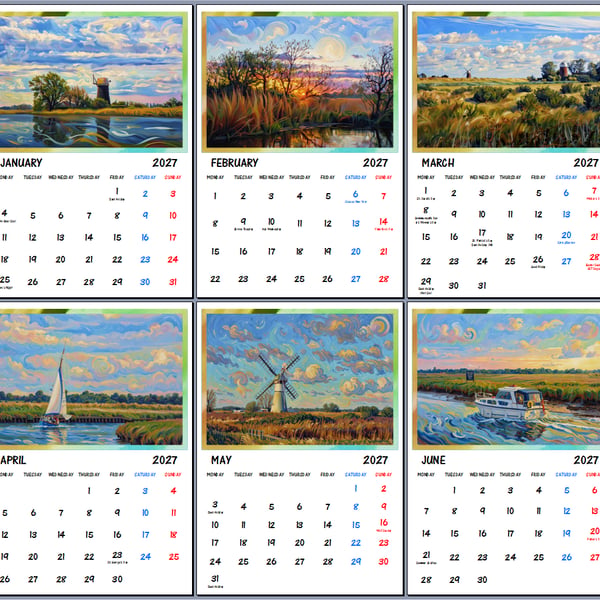 2027 Calendar Norfolk Broads Art A4 Page Per Month 