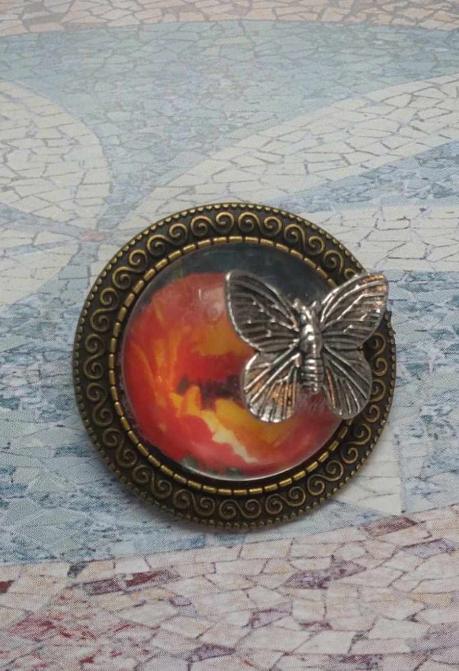 Vintage Floral Cabochon Brooch with Silver Butterfly