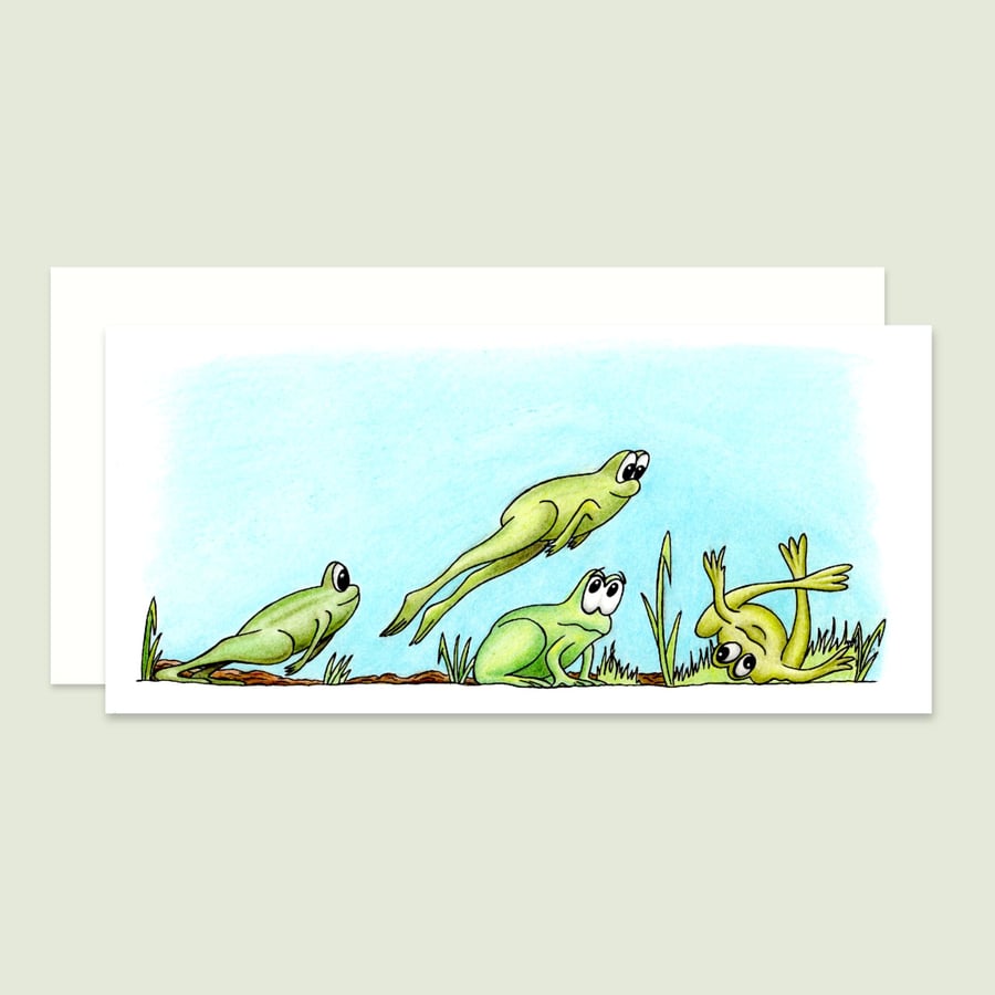 Leap Frogs Greeting Card: Funny Amphibian Games Illustration, Blank Inside (210)