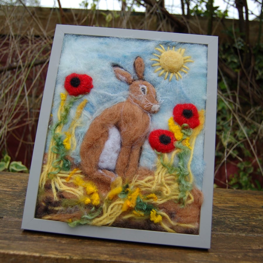 Needle felted  picture - Hare amongst wheat and poppies, Textile art