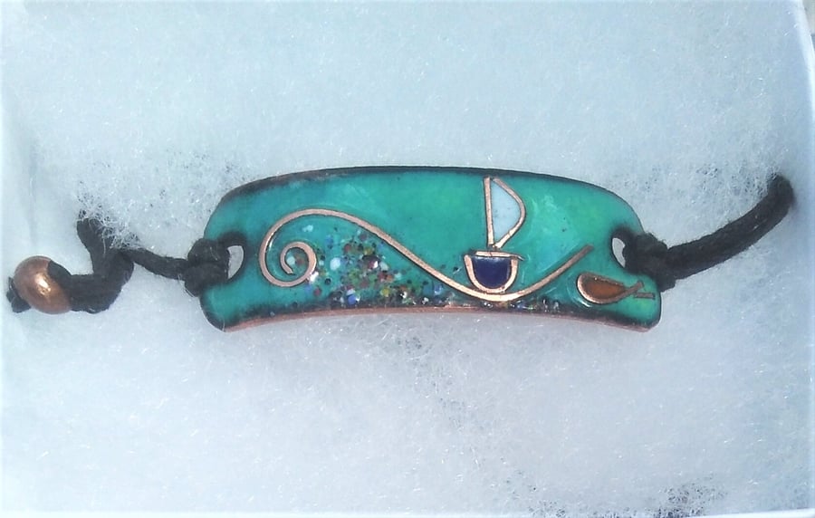 SEASCAPE ADJUSTABLE BRACELET IN ENAMELLED COPPER- WITH COPPER WIREWORK