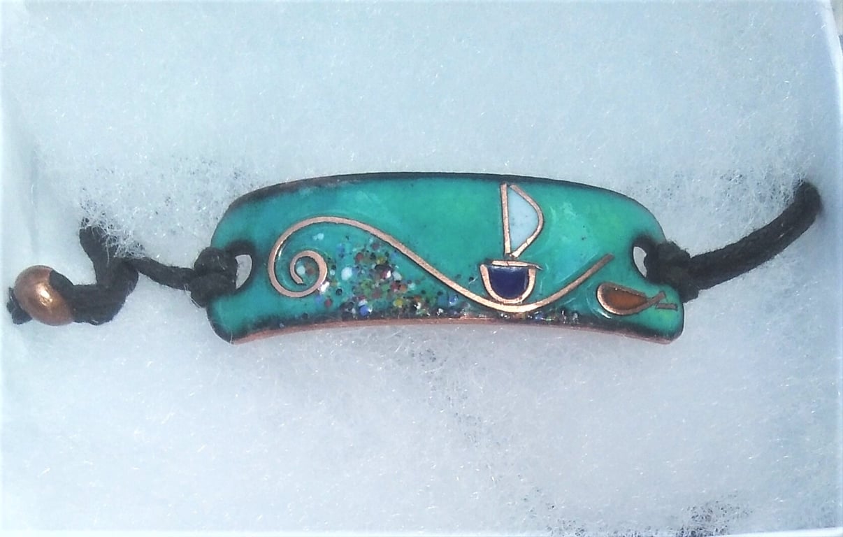 SEASCAPE ADJUSTABLE BRACELET IN ENAMELLED COPPER- WITH COPPER WIREWORK