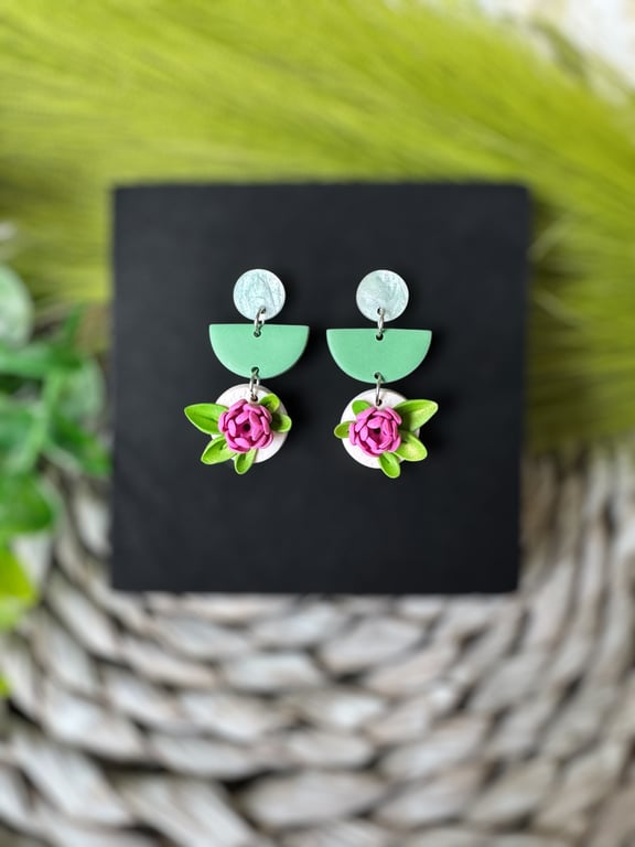 Stunning Pink Flower and Green Leaf Earrings 