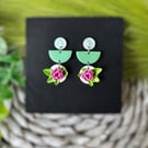 Stunning Pink Flower and Green Leaf Earrings 