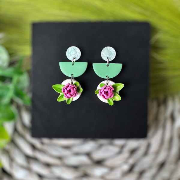 Stunning Pink Flower and Green Leaf Earrings 