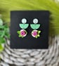 Stunning Pink Flower and Green Leaf Earrings 