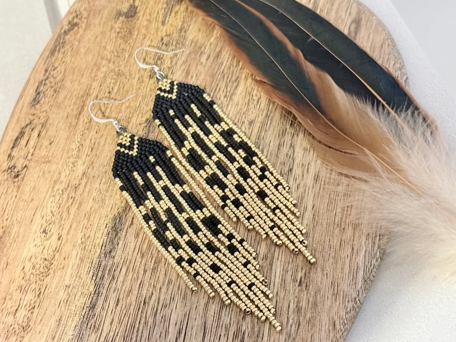Black and gold waterfall beadwork fringe earrings